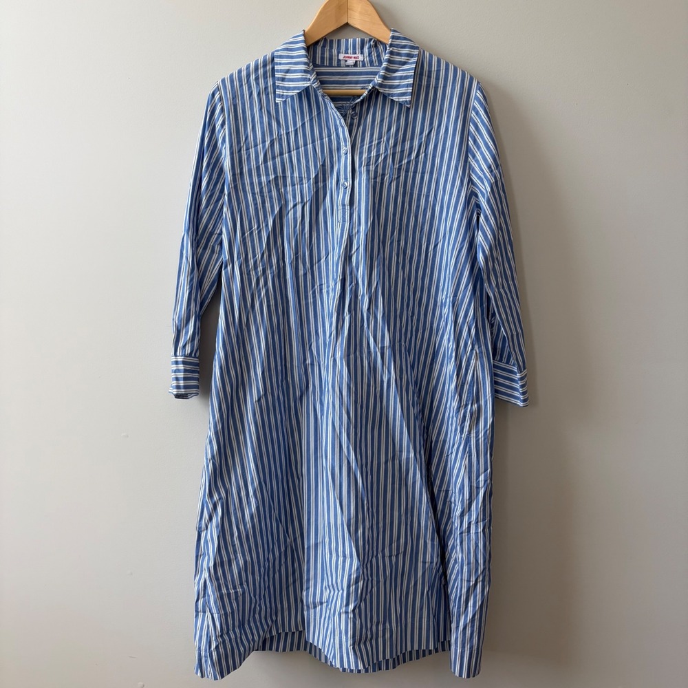 Johnny Was Blue White Striped Cotton Midi Shirt Dress Long Sleeve Small R36422-D